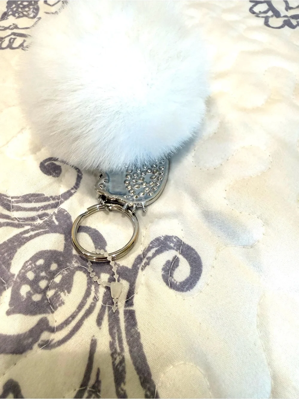 Hello Kitty White Faux Fur Pom with Pink Bow and Rhinestone Face Keychain